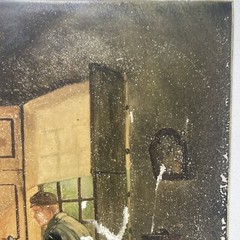 Antique Original Old Oil Painting Porcelain Tile -Family Hearth -Signed, 1868