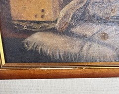 Antique French Still Life Oil Painting, Dark Moody, Champagne Oysters Cheese