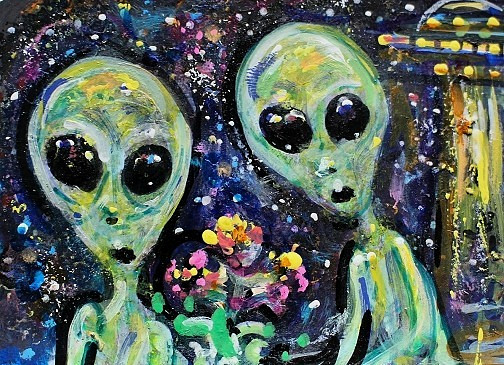 Original ACEO Painting ALIEN Spaceship Stars Flowers Earth Universe UFO ATC ART