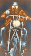 Vintage Black Velvet Biker Oil Painting With Wood Frame Rustic Motorcycle Decor