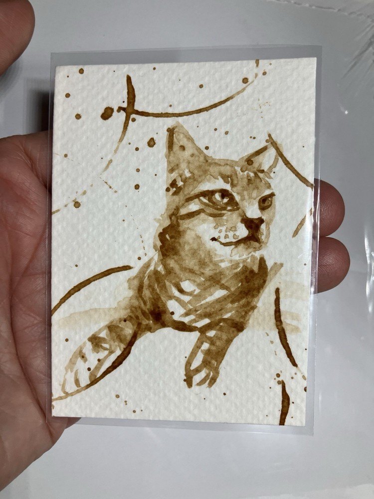 Aceo Original Tabby Cat Coffee Painting Kitten Lover ATC Art Miniature Realism