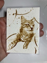 Aceo Original Tabby Cat Coffee Painting Kitten Lover ATC Art Miniature Realism