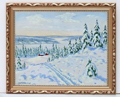 Oil On Canvas Board, Signed, Winter Landscape With Snow And Fir Trees – Framed