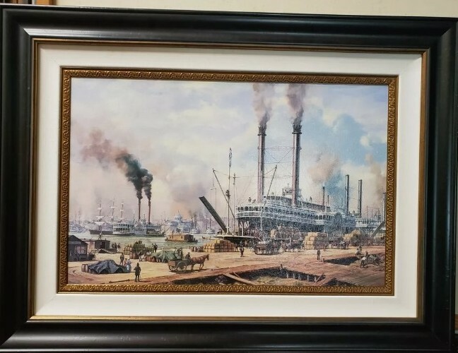 LARGE FRAMED OIL OR PRINT ON CANVAS RIVERBOAT SCENE „PACKET PACIFIC“