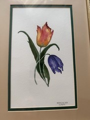 Original Watercolor Painting Tulips in Color Floral Art Signed 2007 Framed Decor