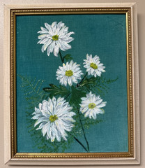 2 Vintage 70s Velvet Floral Painting Daisies, Pansies, Spring Flower 12.5”x10.5”
