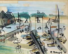 1950’s Raoul Dufy Style French Naive Watercolor Of Sailboats. Signed Illegibly