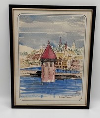 Lucerne Switzerland Water Tower Watercolor Painting Artist Signed Framed 1984 ￼