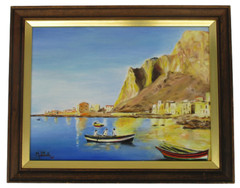1960s Oil Painting Ships Coastal Town Row Boats Blue Gold 15×19 Vintage