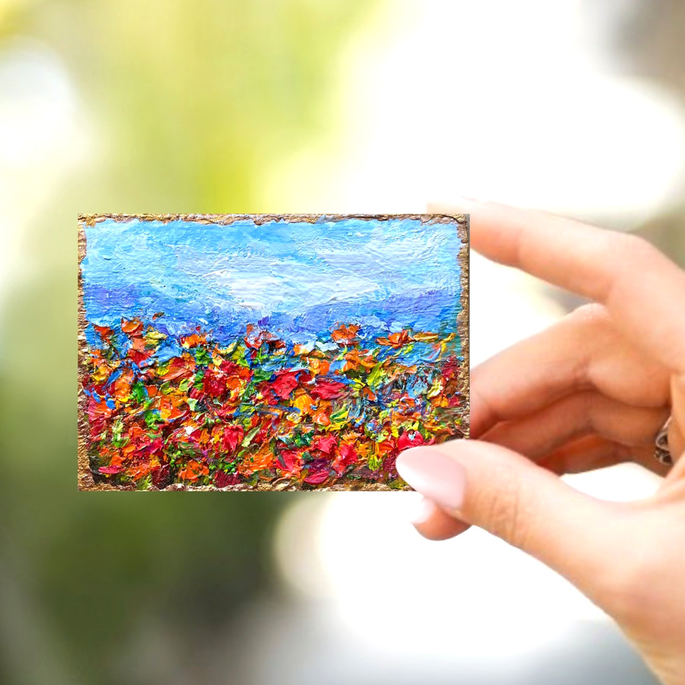 ACEO Original Oil Painting Poppies Blooming Canvas Impasto 2.5×3.5in Signed OS