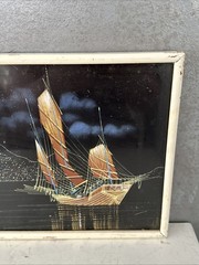VINTAGE Silk PAINTING Hong Kong Harbour at Night SHIPS Boats 13×8.5