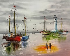 Ol Painting 20×24 Rainbow Sailboats in black and White Sea, seagulls,gray clouds