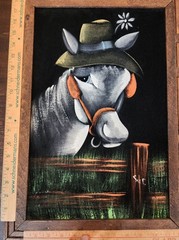 Vintage Mexican Black Velvet Painting Donkey Burrow Framed Approximately 21″x15″
