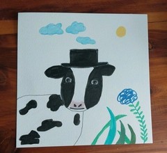 Cow In Hat IMPRESSIONISM WHIMSICAL ANIMALS Landscape ORIGINAL Painting 8×8 Inch