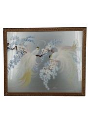 Vintage Signed Oil On Board Birds Of Paradise In Cherry Blossom Tree Framed