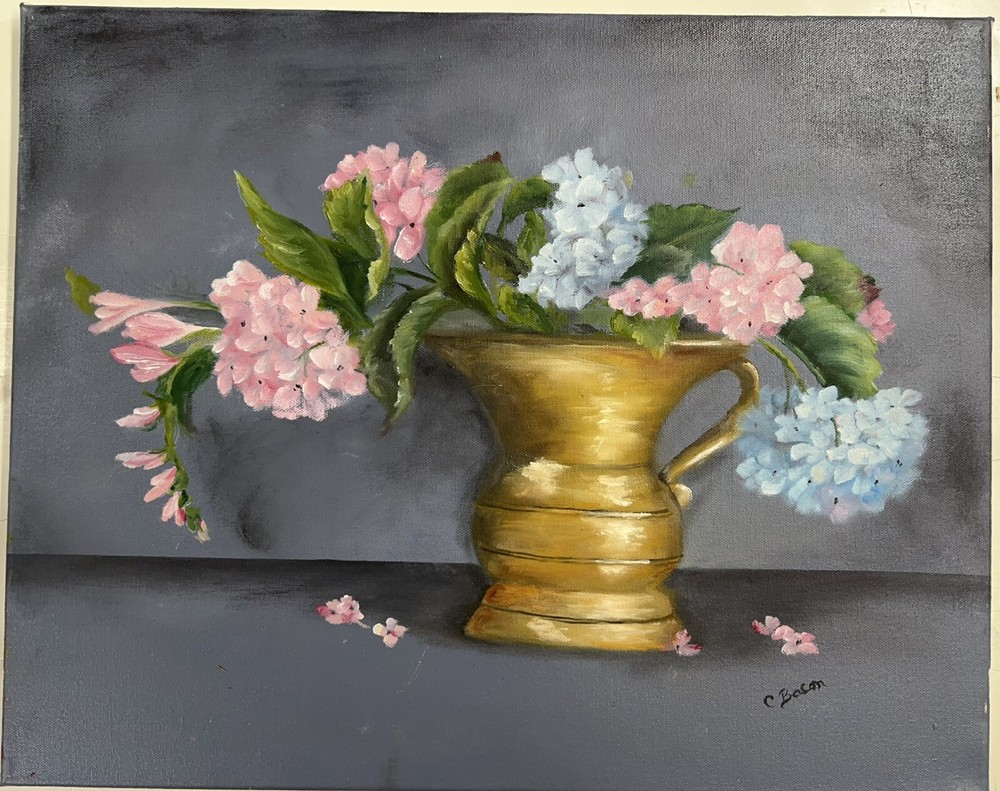 Original Acrylic Painting on Canvas, Still Life Pink and Blue Hydrangeas