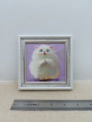 White Cat Original Oil Painting 4×4 Framed Signed Cute Fluffy Kitten Pet Art