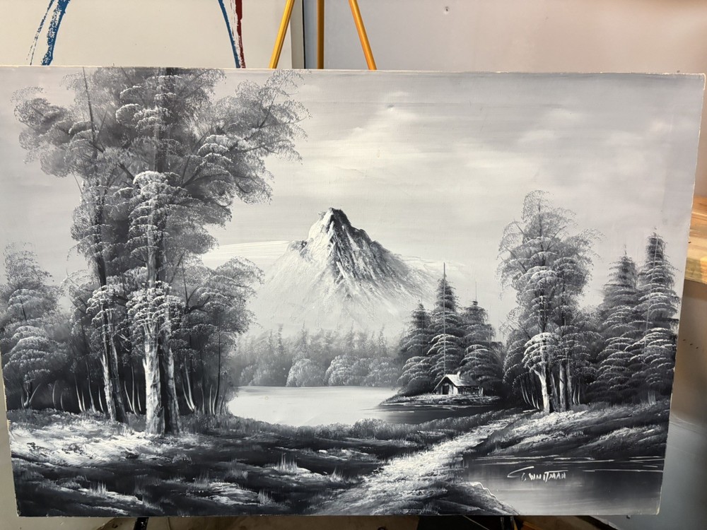 original vintage oil painting signed G. Whitman. 1932 Mountain Cabin