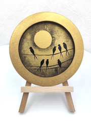 Original Oil Painting 4×4 in Framed Signed Little Birds Gold Home Decor