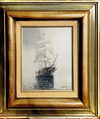 Ben Neill (1914- 2001) Original Oil Painting Clipper Ship “ Out of the Fog”.