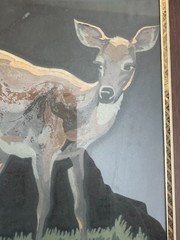 Vintage Mid-Century Modern Hand-Painted Silk Deer Painting 1950s MCM Gold Frame