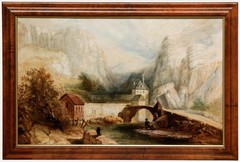 Framed 19th Century Oil – Tyrol Valley Landscape with Figures