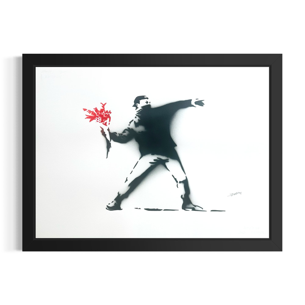 Banksy Flower Thrower Spray Art on Arches Paper 76×56 cm Framed Print