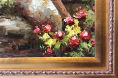 Original Sign Oil Painting On Canvas Wall Art Wood Carved Gold Frame 32”.5×28.5”