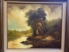 “Landscape with Trees & River” – Mario Tavares Signed Framed Oil Painting