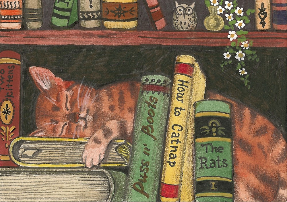 ACEO RYTA PRINT OF PAINTING BENGAL TABBY CAT FOLK ART WHIMSICAL BOOKS OWL FLOWER