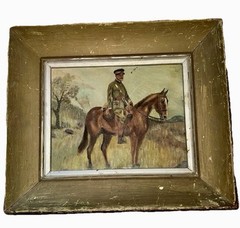 Antique Equestrian Oil Painting WW1 Soldier On Horseback Framed 14”x12” 1914