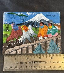 Vintage Miniature Folk Art Painting Leather Tigua Ecuador Andes 4.5” X 3.5”