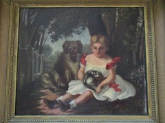 ANTIQUE 19TH CENTURY OIL PAINTING CHILD ANIMALS DOG CURLED UP KITTY CAT 1840’S