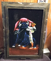 Matador Bull Fighting on Black Velvet Art Painting W/Wood Frame