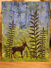 „The Encounter“ antelope in an forest Mixed Media on hardboard 20 x 16