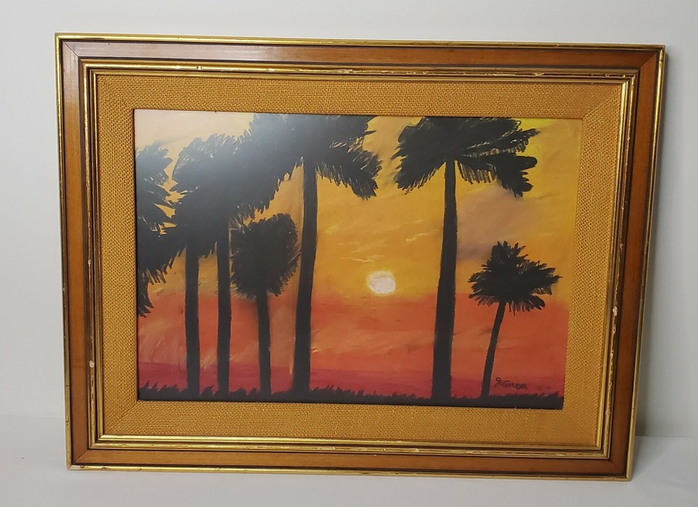 Hawaii Sunset Palm Trees Scenic 1970’s Print Painting Framed Signed