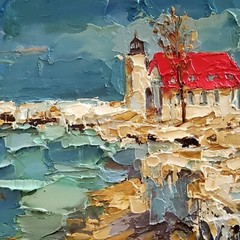 Lighthouse Michigan Original Painting Seascape Art Abstract Modern Wall Artwork