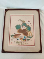 Okuhara Seiko Woodblock print 1900s mallard Ducks On The Pond Lotus Lake 15″X12″