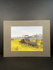 Prairie Folk Art Original Painting signed Artwork Mountains Old Truck Babe Myers