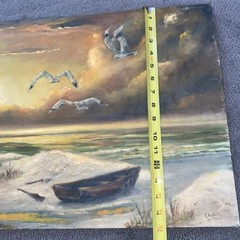 Vntg Original 1970’s Seascape Oil Painting Seagulls Birds Boat Beach 16” X 20”