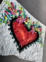 3D Floral Heart on Handmade Paper Original Hand Painted ACEO OOAK