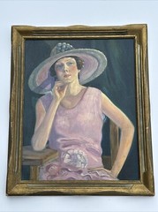 CHESTER SCHROCK PAINTING ANTIQUE ART DECO PORTRAIT PRETTY WOMAN COLORADO ARTIST
