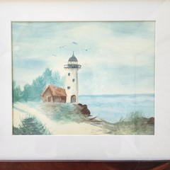 Vintage Lighthouse Watercolor Painting Framed Original Coastal Seascape Art