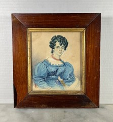 Antique 1830s Colored Lithograph portrait young Woman Wood Framed 7”x 8”