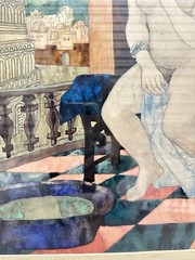 Watercolor Painting Of Woman Bathing Window Castle Sun Moon Framed Signed