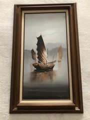 Vintage Framed Original Oil Painting P. Wong Water Ship Ships Nautical Signed