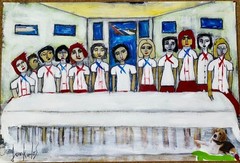 Juan Karlos cuban Acrylic On Cardboard Cubanart43x30 Cm „Cena De Fin De Curso.“
