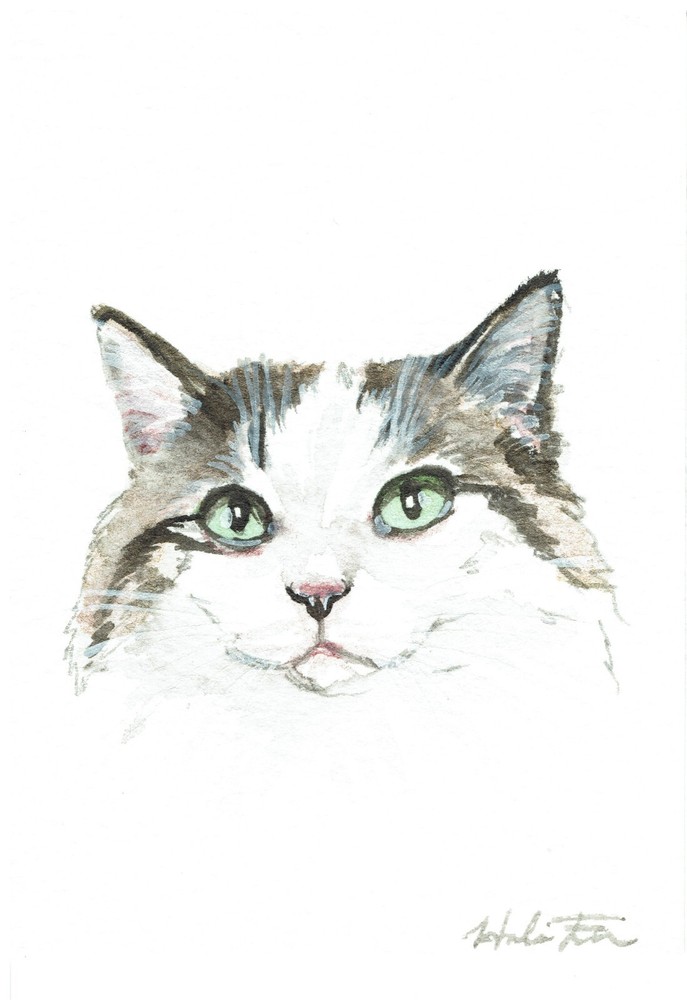 ACEO Original Watercolor Painting 2.5″ x3.5″ Tuxedo Tabby Kitty Cat Pet Portrait