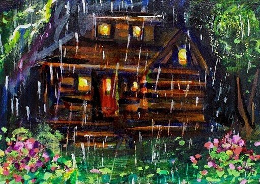 ACEO Original CABIN Summer Rain House Tree PAINTING Storm Nature Landscape ART