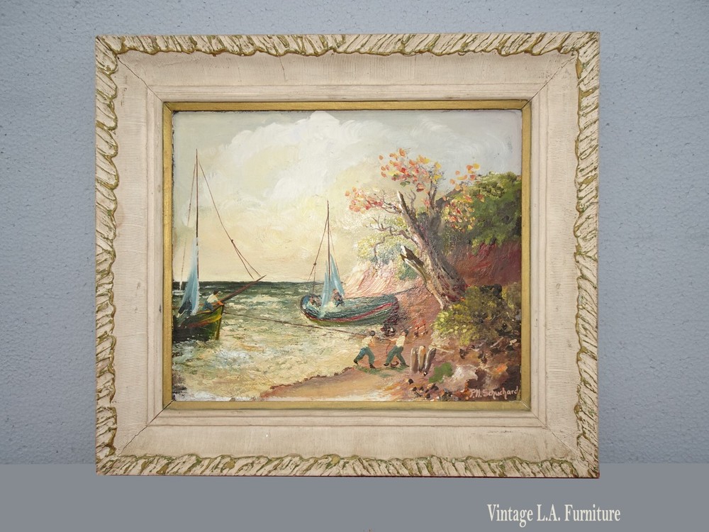 Vintage Oil Picture Painting ‚Pulling Boat in from Ocean signed P. H. Schuchard